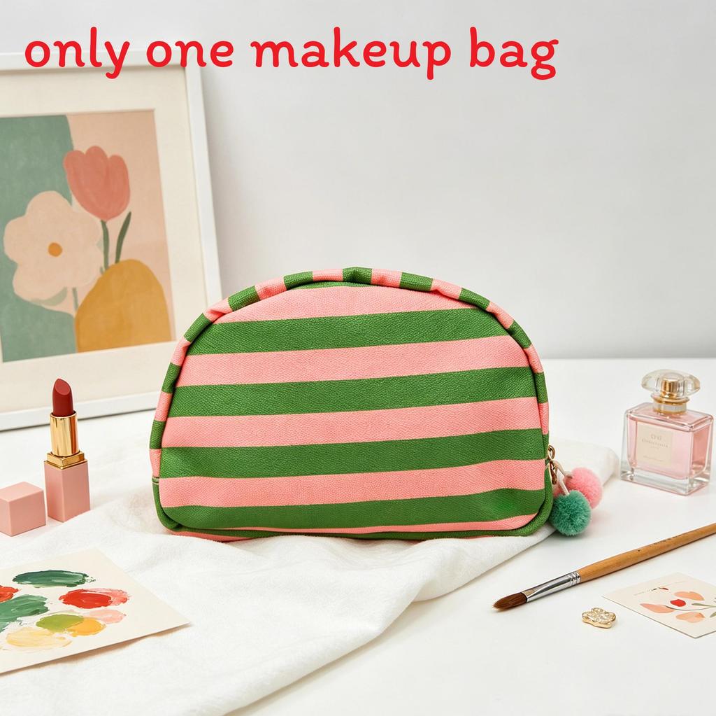 Canvas Striped Half Moon Makeup Bag With Zipper For Travel And Home Storage
