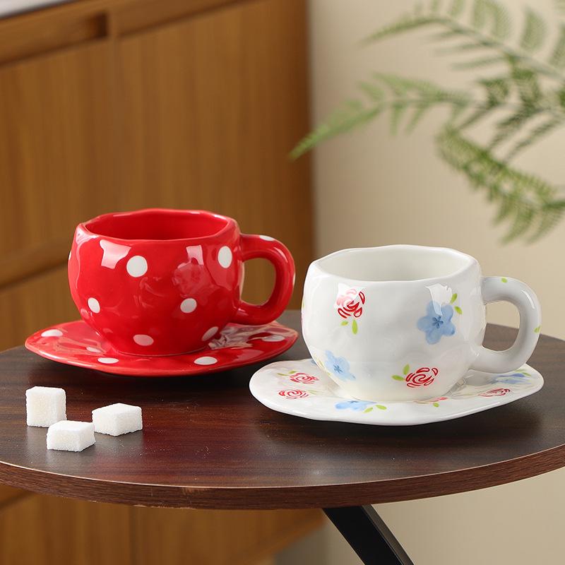 Korean Hand-Painted Ceramic Cup & Saucer Set - Creative Irregular Design for Coffee & Tea