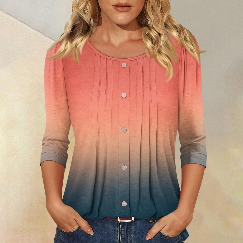 Women's Fashionable Casual Three-quarter Sleeve Button Gradient Round Neck Top