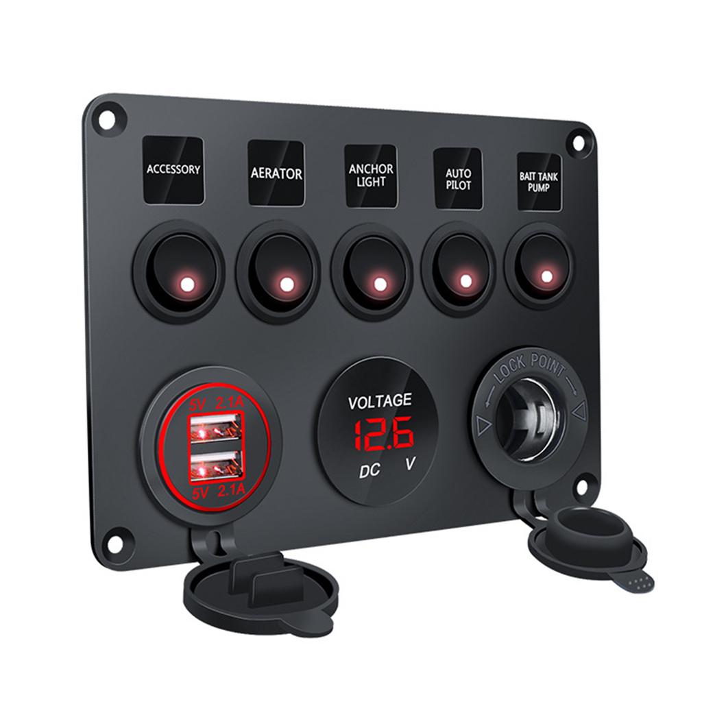 Waterproof Marine Boats Rockers Switch Panel 5 Gang with Twin USB Slot Socket 2.1A + Voltmeter for Car s Vehicle