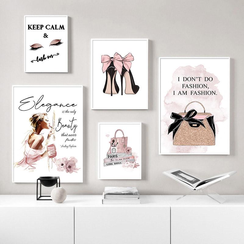 Nordic Art Poster Pink Luxury High Heels Bag Canvas Print Wall Painting Beauty Salon Girls Room Decor Creative Pictures Unframed
