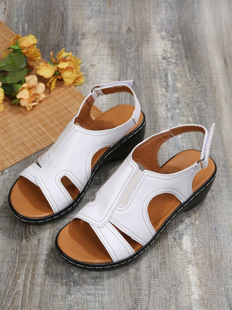 Large Size 2025 Summer European and American Sandals Women's Velcro Stitching Side Empty Open Toe Solid Color Leather Stitching Spot