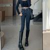 Jean Skinny Stretch Velours Bleu-Gris Taille Haute pour Femmes - Collection Automne/Hiver 2022 Coupe Amincissante Moulante Style Polyvalent