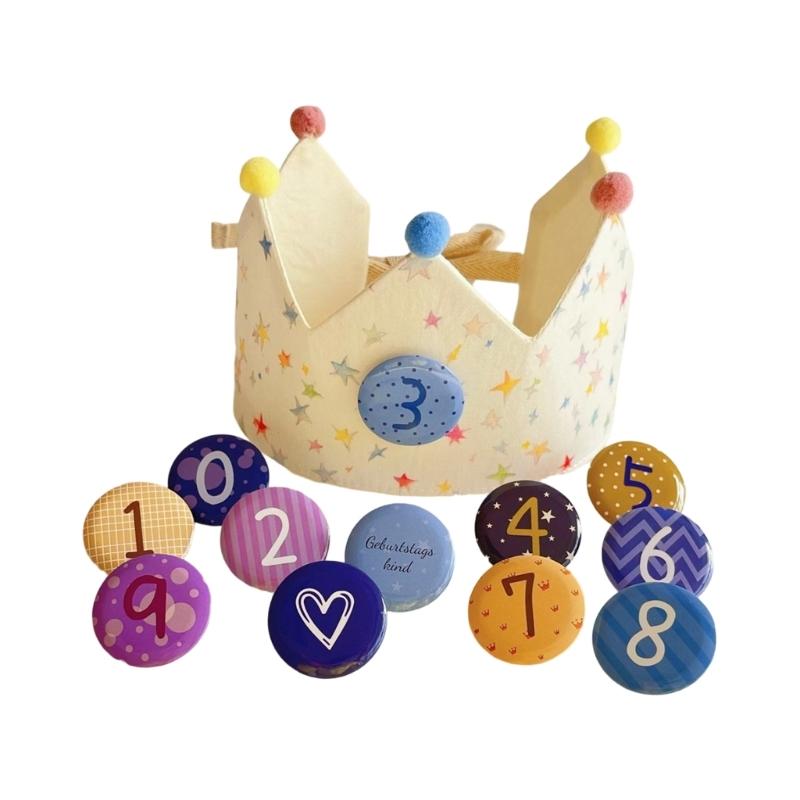 

Adjustable Kids Birthday Crowned Hat Soft Cotton Fabric for Photoshoots 0 to 9 Years Reusable Props with Badges белый