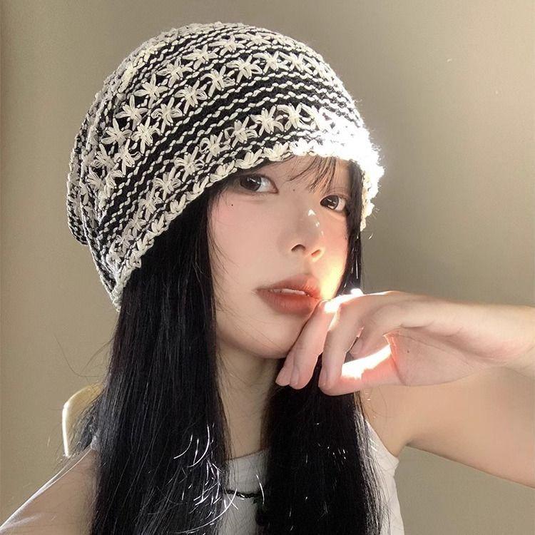 Women's Flower Hollow Slouchy 3D Hat Spring and Summer Thin Korean Style Breathable Large Head Fashionable Head-Wrapping Hat