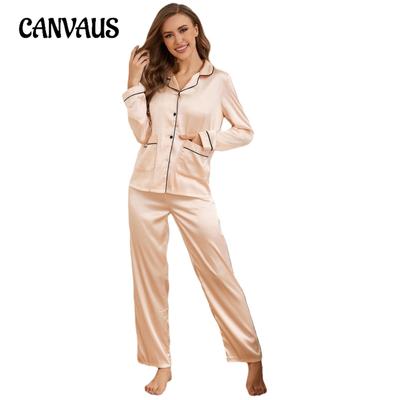 Damen Pyjama Herbst und Winter mit Taschen Langarmhose Homewear Anzug