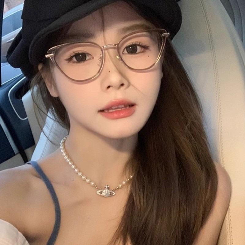 Ins Cat Eye Presbyopia Glasses Cold Tea Color HD Anti Blue Light Glasses Frame Advanced Plain Whitening Glasses