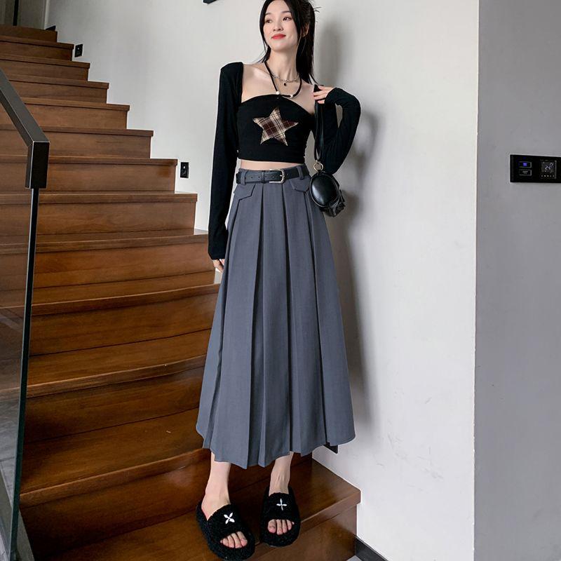 Grauer Midi-Rock mit hoher Taille, Falten, A-Linie - Schlankmachend, Petite, Französischer Stil für Frühling und Sommer