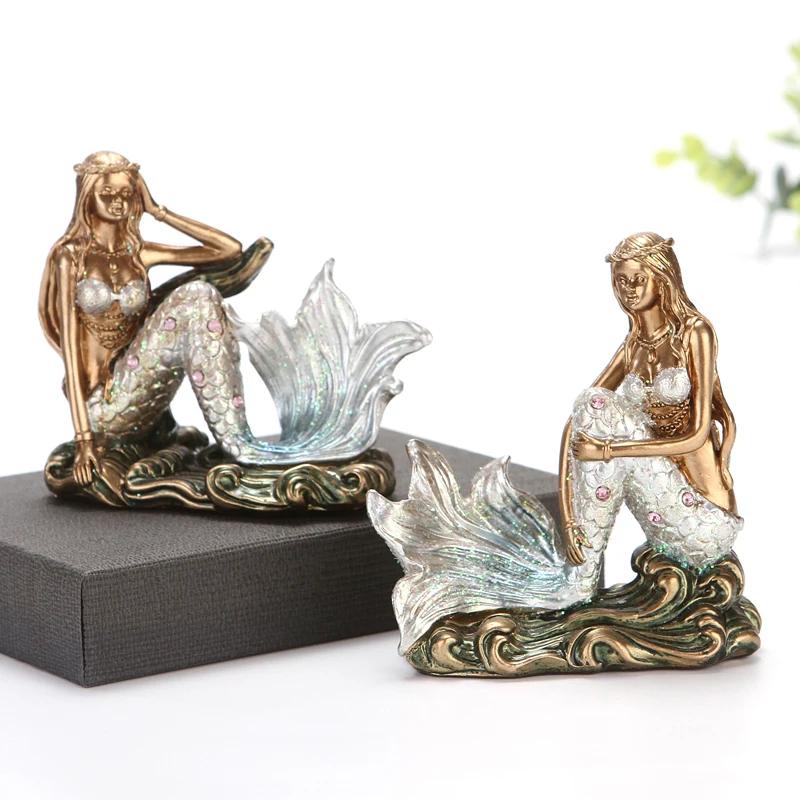 Resin Mermaid Figure Rhinestone Sea Maiden Girl Miniature Fairy Tale Character Ornament Room Decor Handcraft Gift for Girlfriend