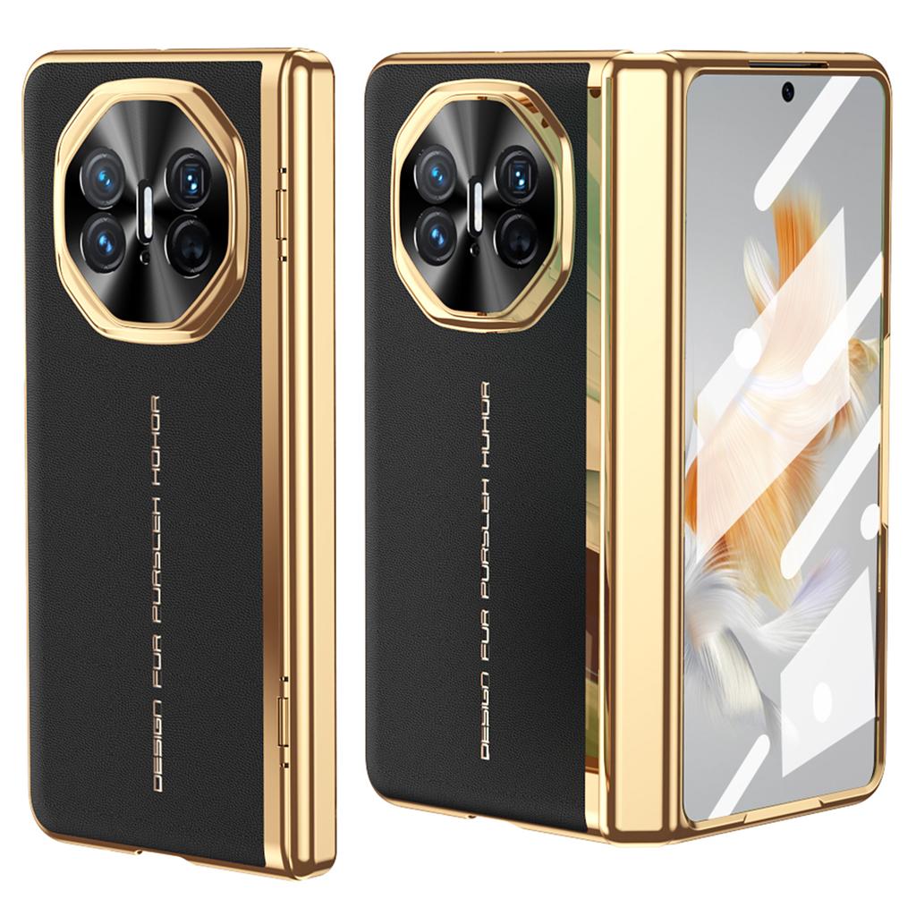 For Huawei Mate X3 5G Case PU Leather+PC Electroplating Phone Cover with Tempered Glass Screen Film