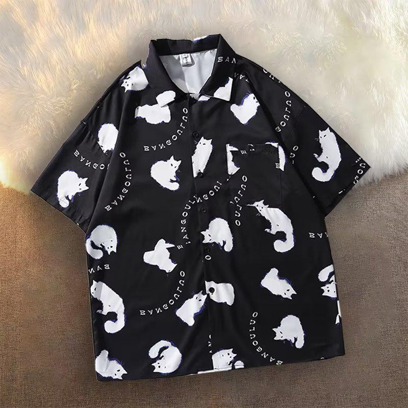 

Men s Hip Hop Retro Cat Print Short Sleeve Shirt M
