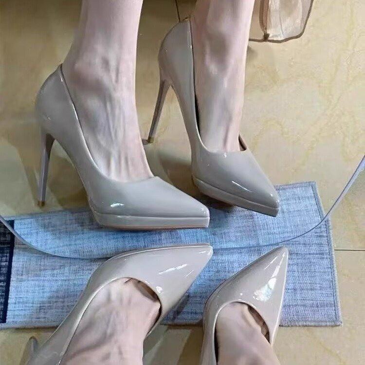 2025 Spring New Pointed Patent Leather Solid Color Bag Head One Pedal Shallow High Heels Job Interview