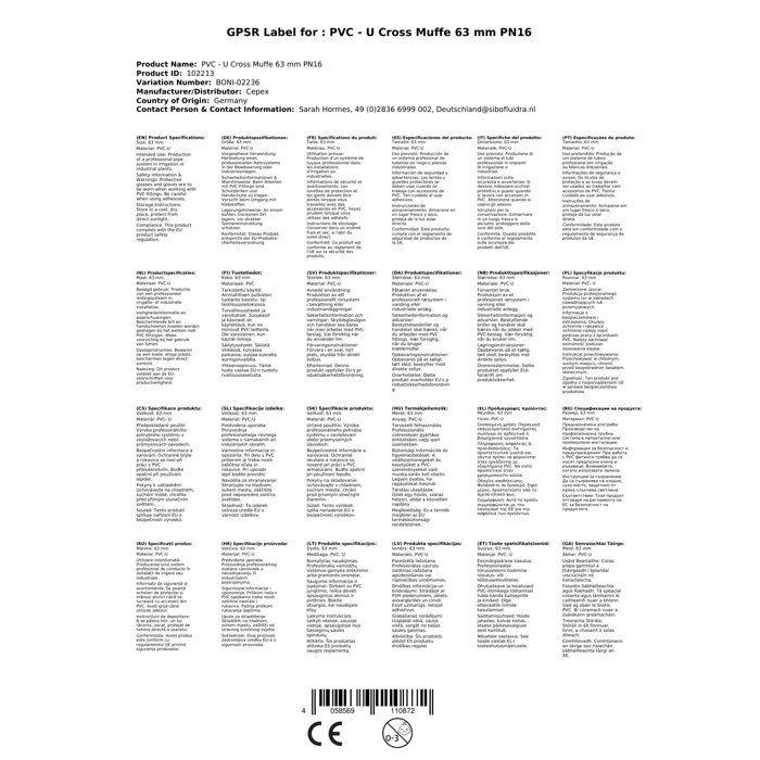 PVC-U Cross 63 Mm PN16 for Piping Systems