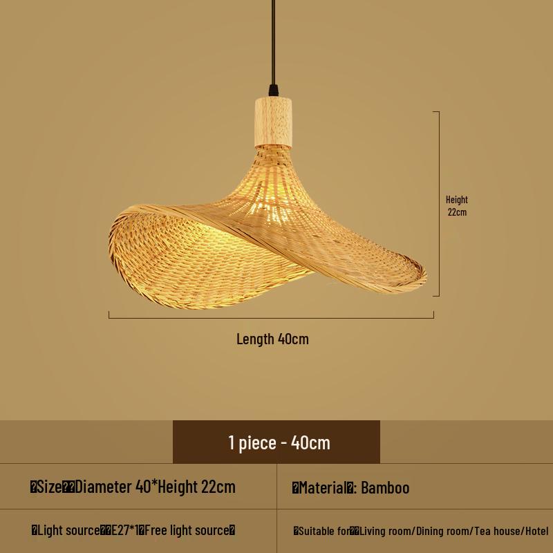 Bamboo Woven Pendant Light - Japanese Lantern for Dining, Restaurant, or Tea Room. Rattan Straw Hat Lampshade with New Chinese Art Design.