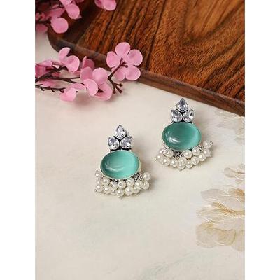 Oxidized Handmade Ad Stone Mint Pearl Stud Earrings For Women And Girls