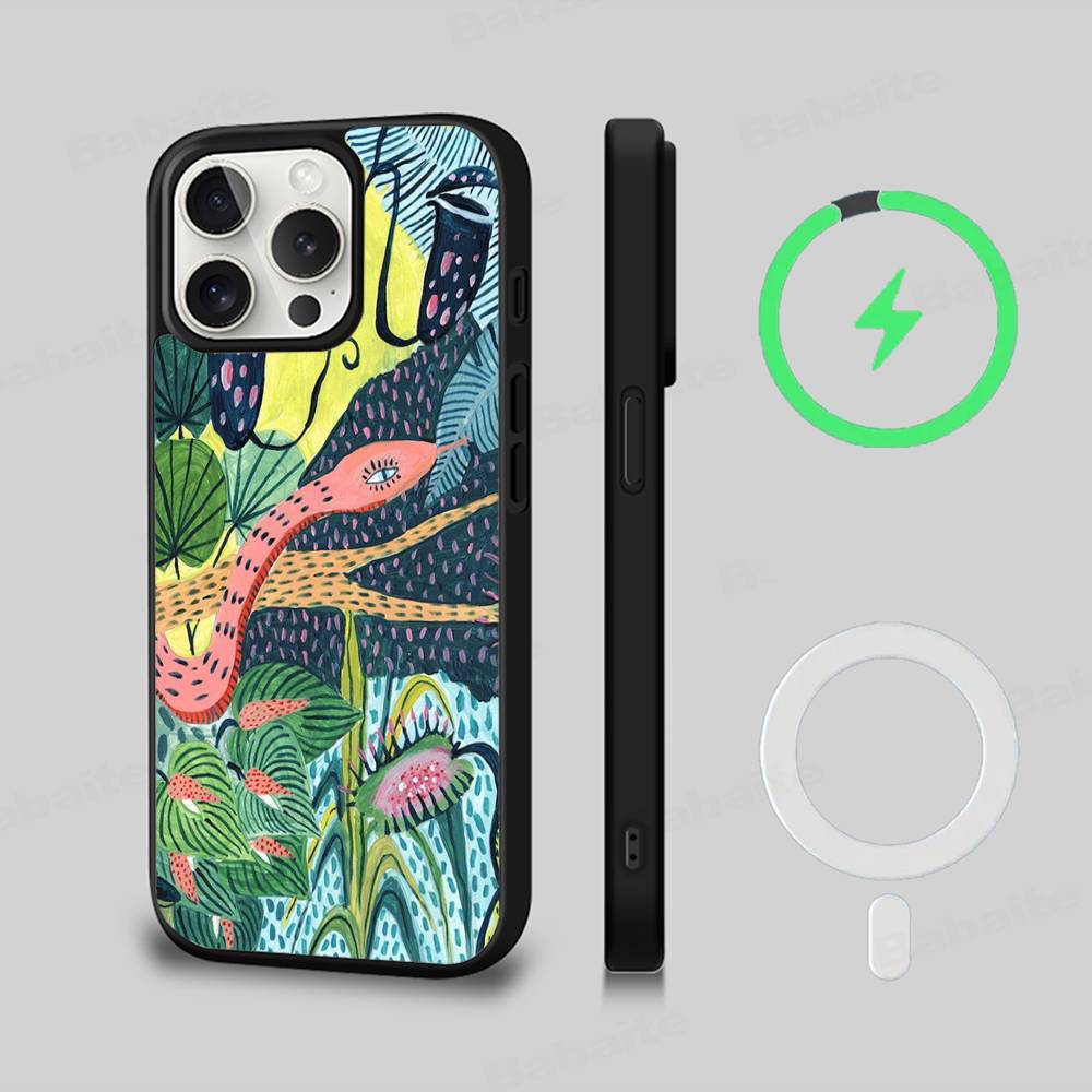 Jungle Art Illustration Snake Cats Sloth For Magsafe Phone Case For IPhone 16 15 11 12 13 14 17 Pro Max Plus Magnetic Wireless