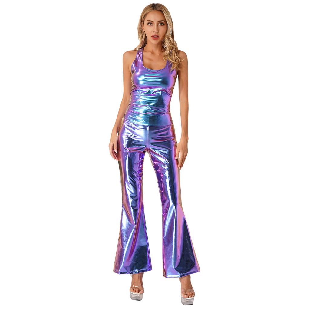 Womens Metallic Shiny Disco Outfit Sleeveless Racerback Tank Top with Flared Pants Elastic Waistband Partywear