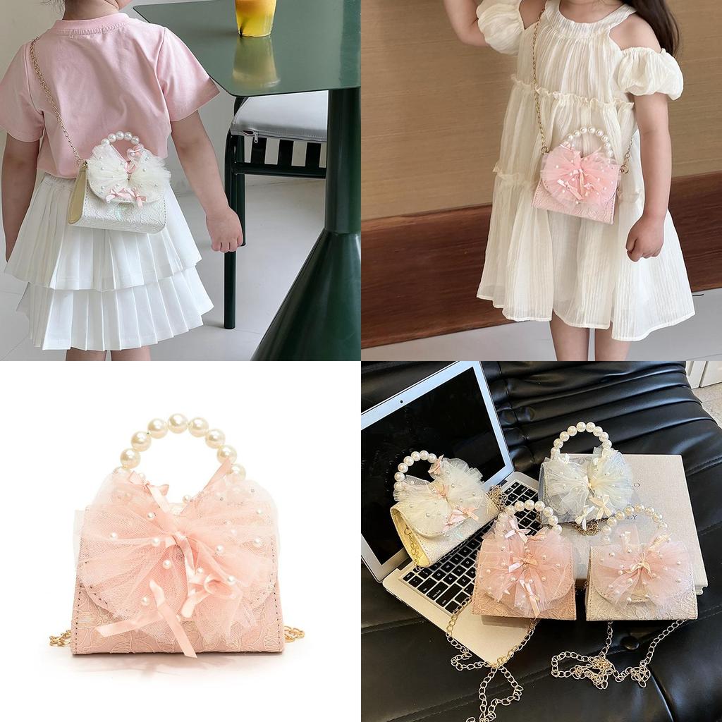 Modern Pink Blue And White Pu Children's Shoulder Bag With Chic Lace Bow Accent