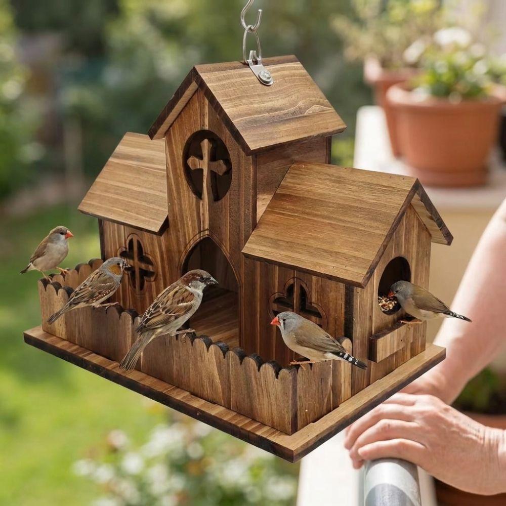 Multiple Holes Bird Hanging Feeder Rustic Style Birdhouse Nesting Feeding Yard Decoration