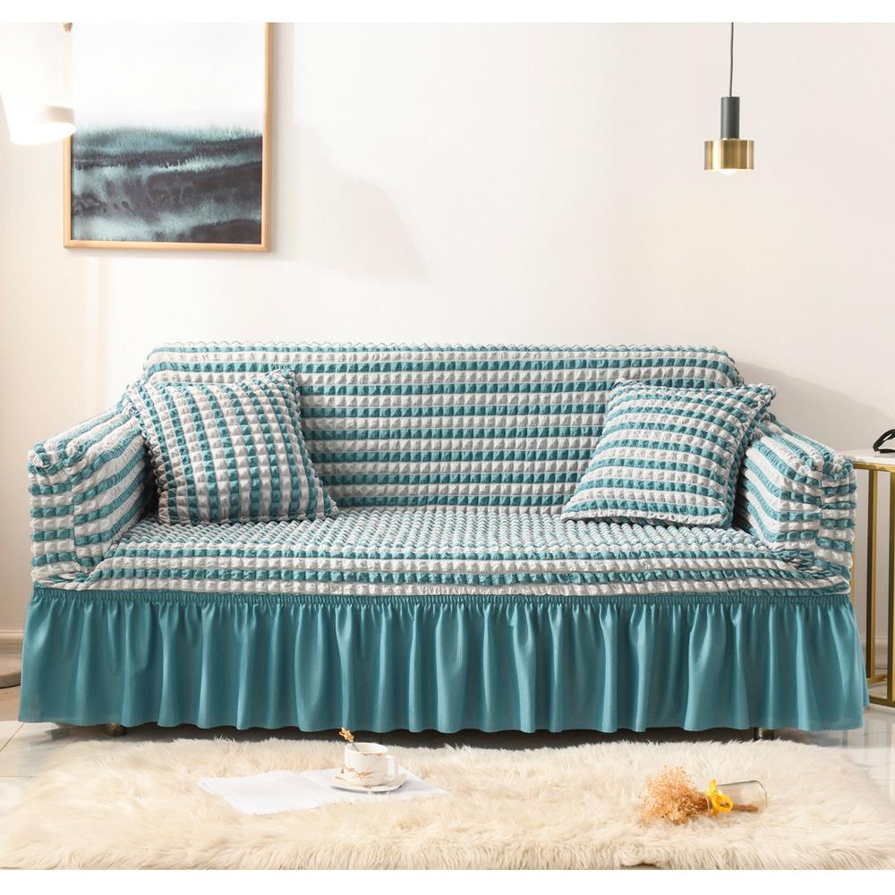 Hochelastischer Blasenraster Sofabezug Vollständige Abdeckung Seersucker Rock Haustier Schmutzabweisend Waschbar Hochelastisch Langlebig Bezug für Sofa