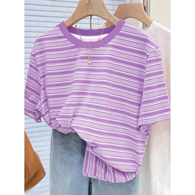 Elegant and fashionable new spring and summer round neck striped loose casual commuting versatile slimming women's top T-shirt