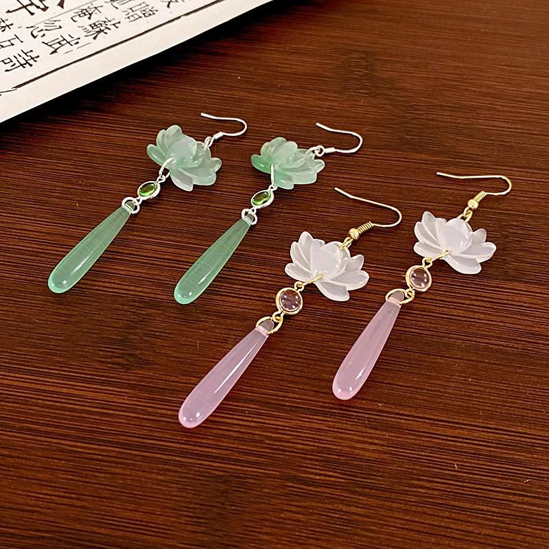Chinese Style Lotus Resin Water Drop Long Earrings - Fashionable Ancient Design