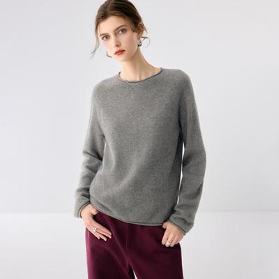 Lekasha Cashmere Goat Wool 7-Gauge Loose Pullover Sweater with Rolled Hem for Autumn and Winter