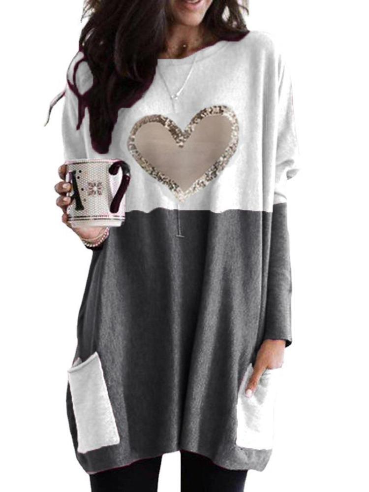 2026 Women Love Print Round Neck Tee Loose Long Sleeve Contrast Colors Wish