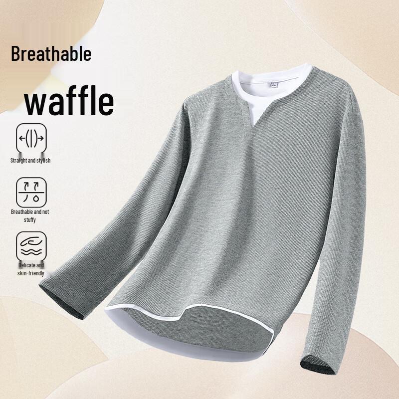 JEANSWEST LIFE Men's Waffle Faux Two-Piece Long Sleeve T-Shirt