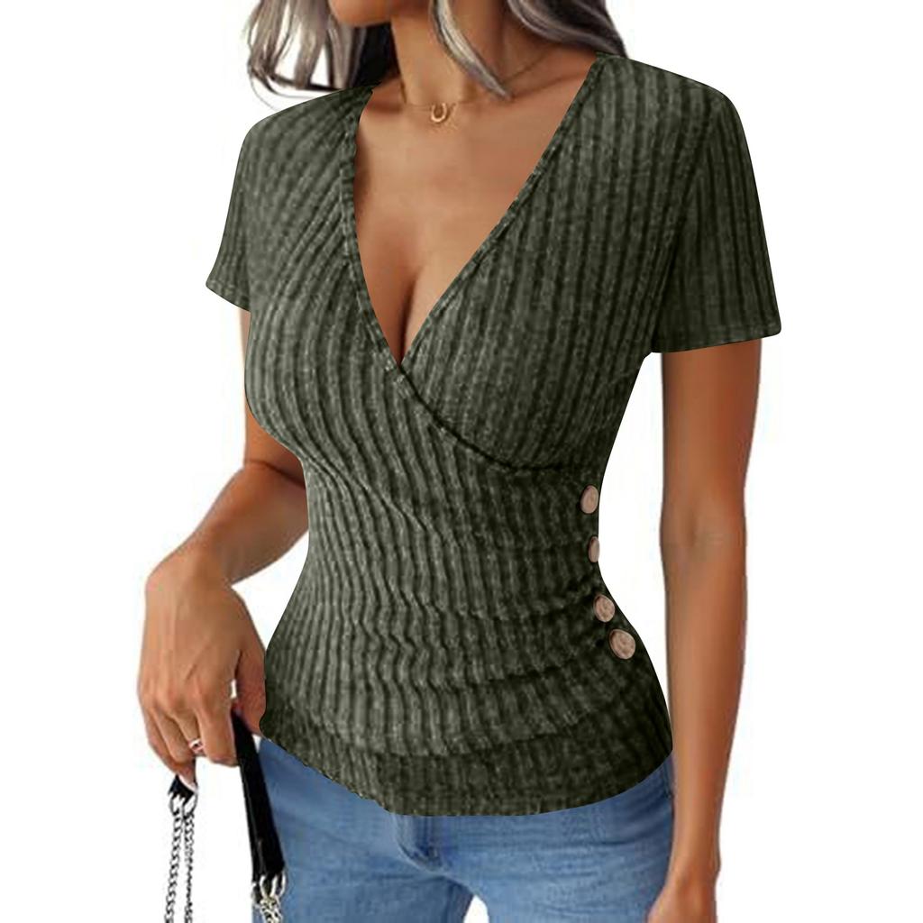Women’s Ribbed Knit Short Sleeve V Neck Wrap Top Fitted Waist Casual Pullover Blouse for Daily Wear Office