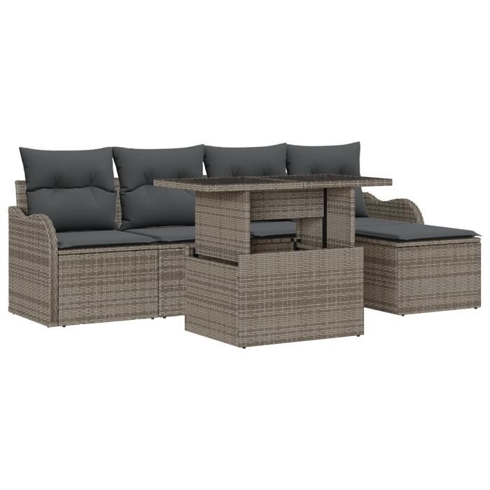 Ensemble de Canapé de Jardin en 6 Pièces avec Coussins en Gris Poly Rattan, Canapé de Jardin 2 Places avec Rangement 3357182