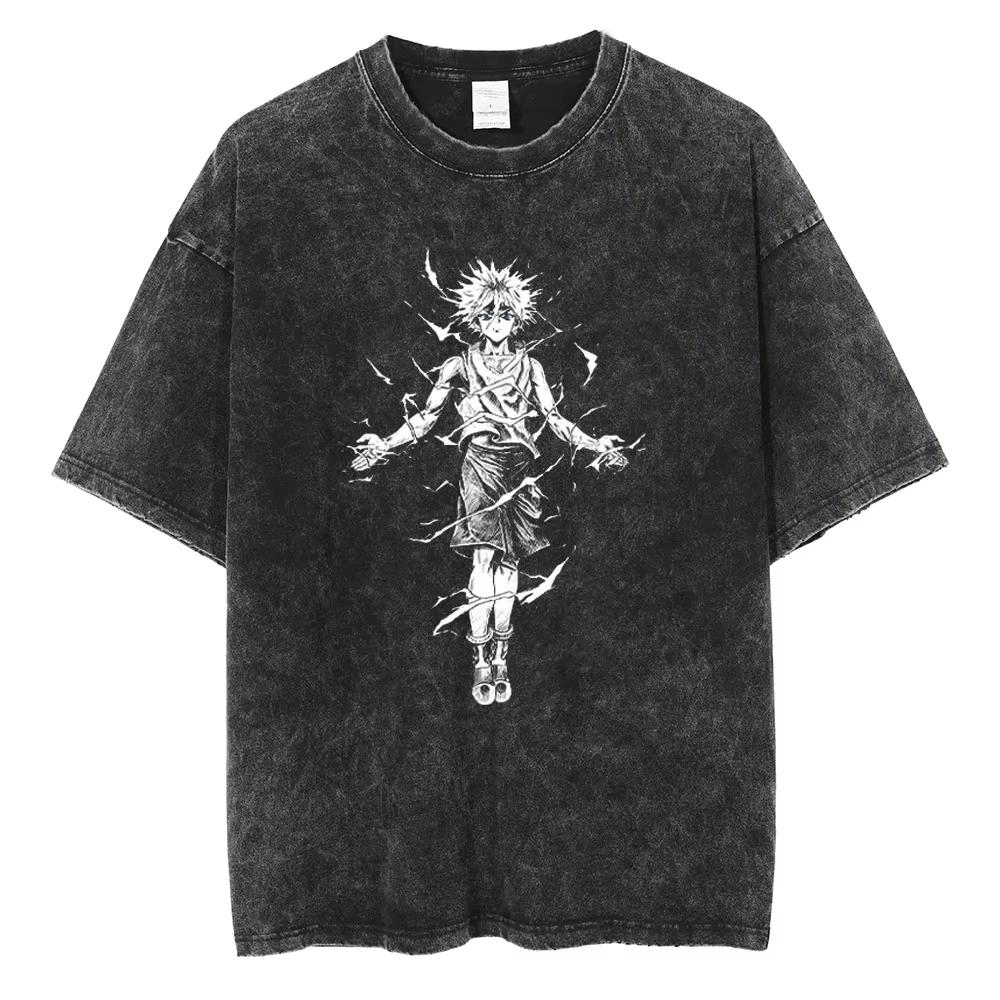 Summer Cotton Loose Washed Tops Tees Anime Print T-Shirt Men Streetwear Vintage Black T Shirt Women Oversized T Shirt