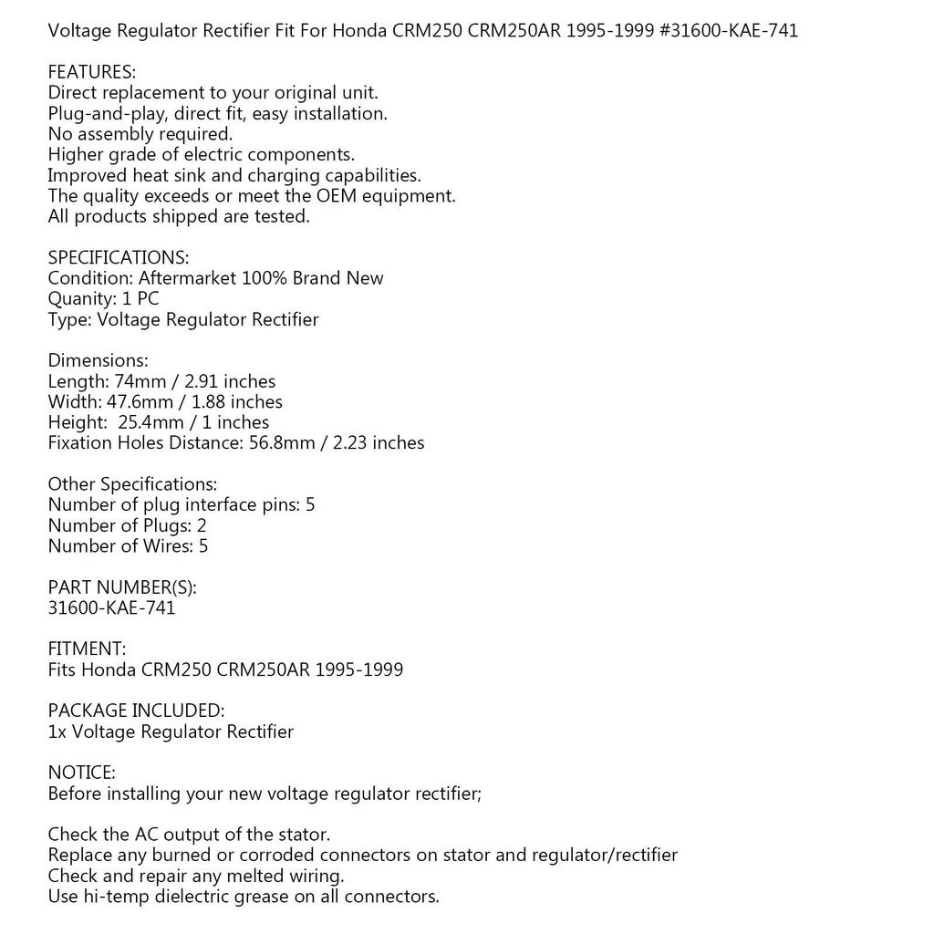 Artudatech Voltage Rectifier Regulator for Honda CRM 250 CRM250 AR 1995 1996 1997 1998 1999 Motorcycle Motorcycle