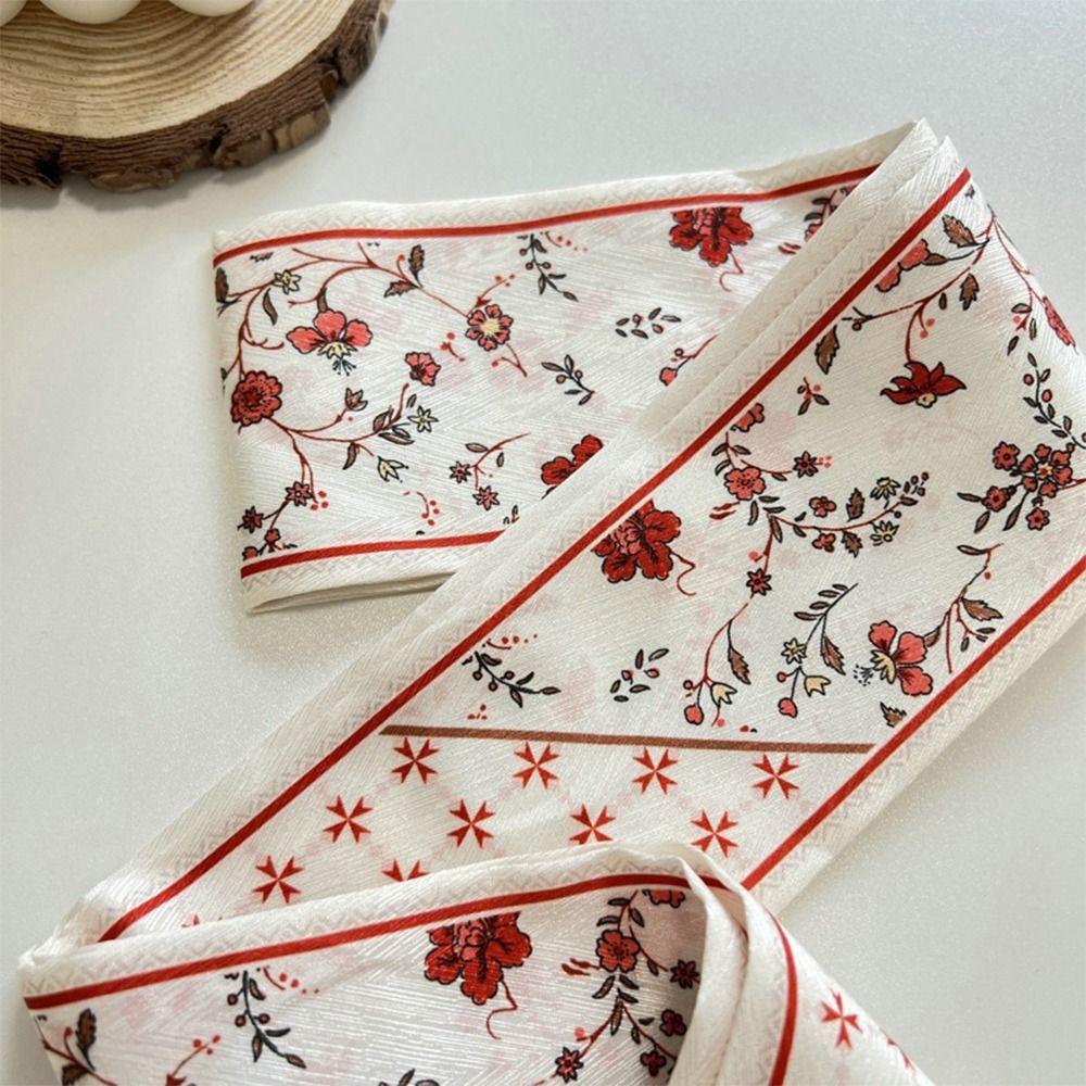 Long Thin Satin Silk Ribbon Scarf Fresh Floral Bag Strap Trendy Hair Tie  for Women