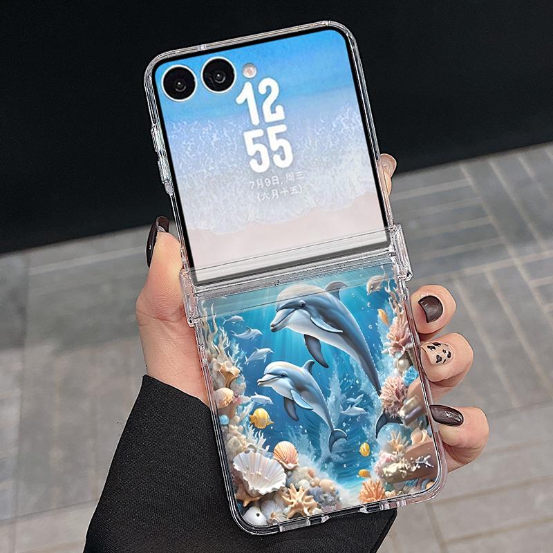 Starry Sea Dolphin Print Case For Samsung Z FlIP 7 FE 6 5 Magnetic Hinged Clear Hard PC Folding Phone Cover For Galaxy Z Flip7 Flip6 Flip5