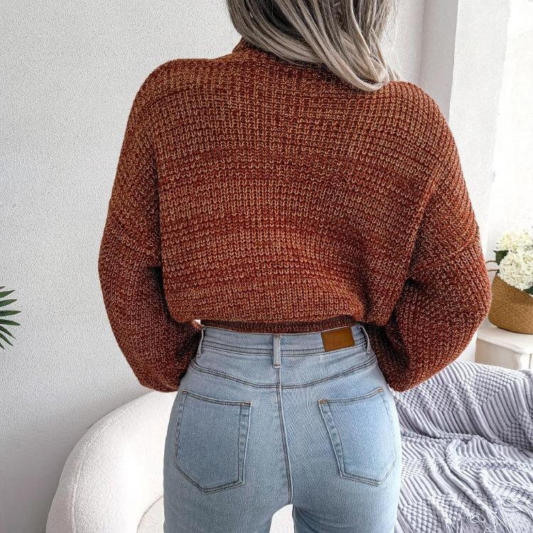Women Loose Knit Turtleneck Sweater Long Sleeve All Match Fall Winter Mixed Color Lantern S-L