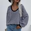 IHUASU Autumn and Winter Pullover Striped Women's Knitwear V-Neck Large Size Sweater