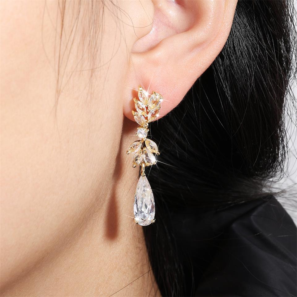 ZAKOL White Zircon Leaf Dangle Earrings for Women Shinny Water Drop Crystal Flower Pendant Earring Bridal Wedding Zircon