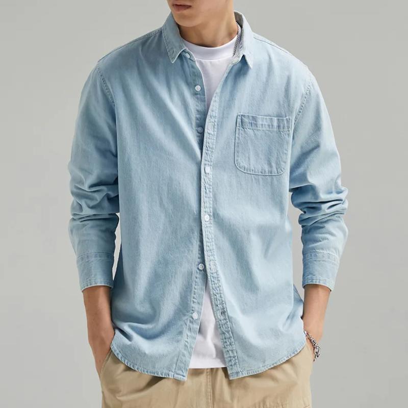 Spring and Summer Denim Shirts for Men Daily Casual Shirts Pure Cotton Lapel Collar Long Sleeve Men Shirt with Pocket Korean Fashion Men Tops