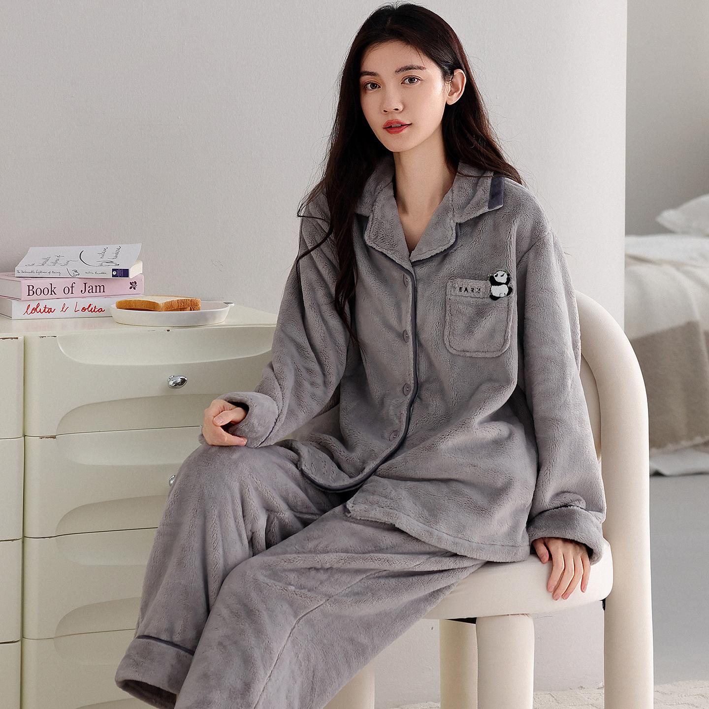 

Coral Fleece Pajamas Women S Autumn And Winter Fleece Thickened Flannel Cartoon Panda Loungewear Set 2XL