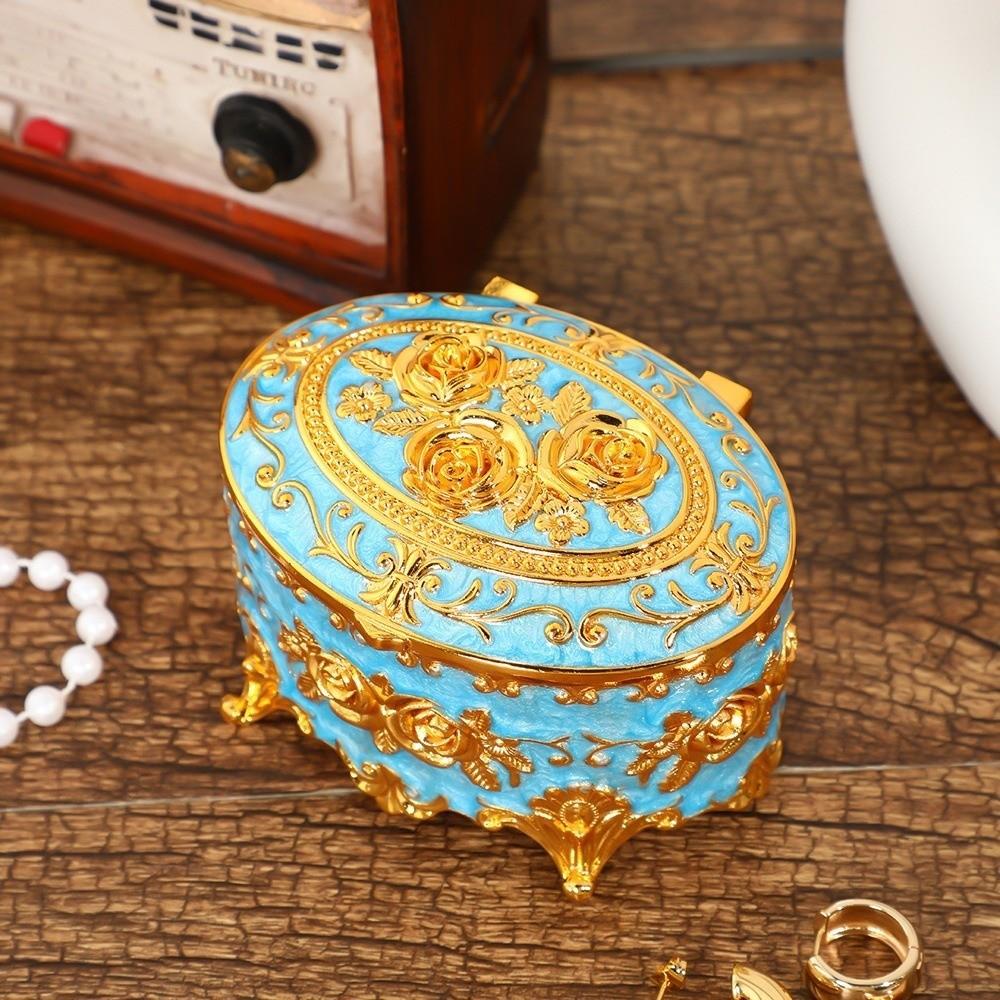 Oval Metal Jewelry Box Vintage Trinket Organizer Multifunctional Rose Enamel Box  Dressing Table