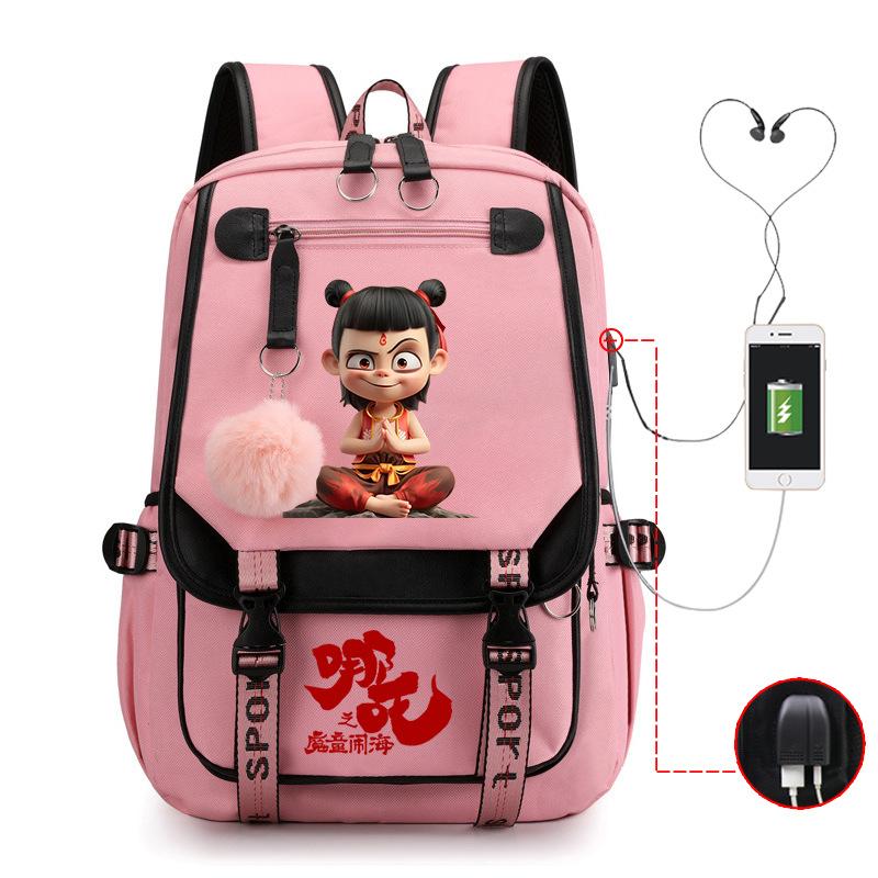 Cartoon Movie Nezha Printing Leisure Burden Reduction Travel Bag Backpack Multi-Function Large Capacity Usb Student Schoolbag