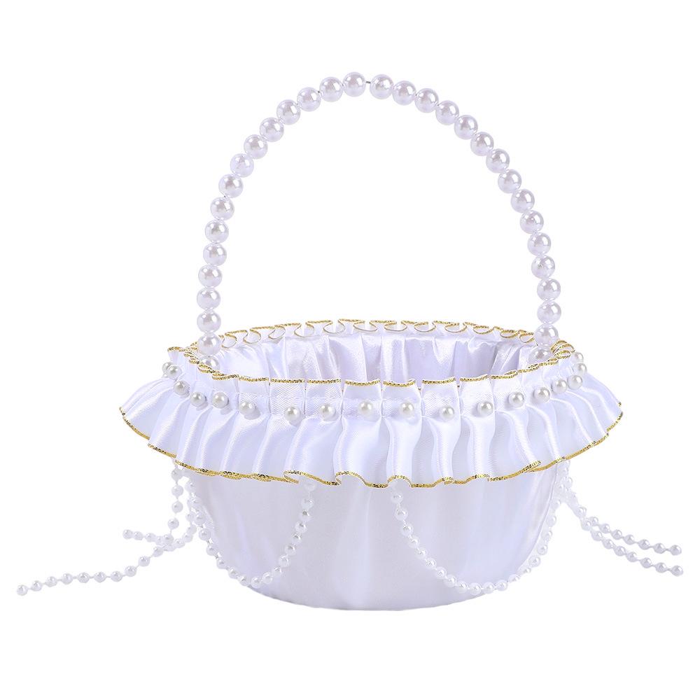 European White Pearl Flower Girl Basket – Satin Trim for Wedding Petals