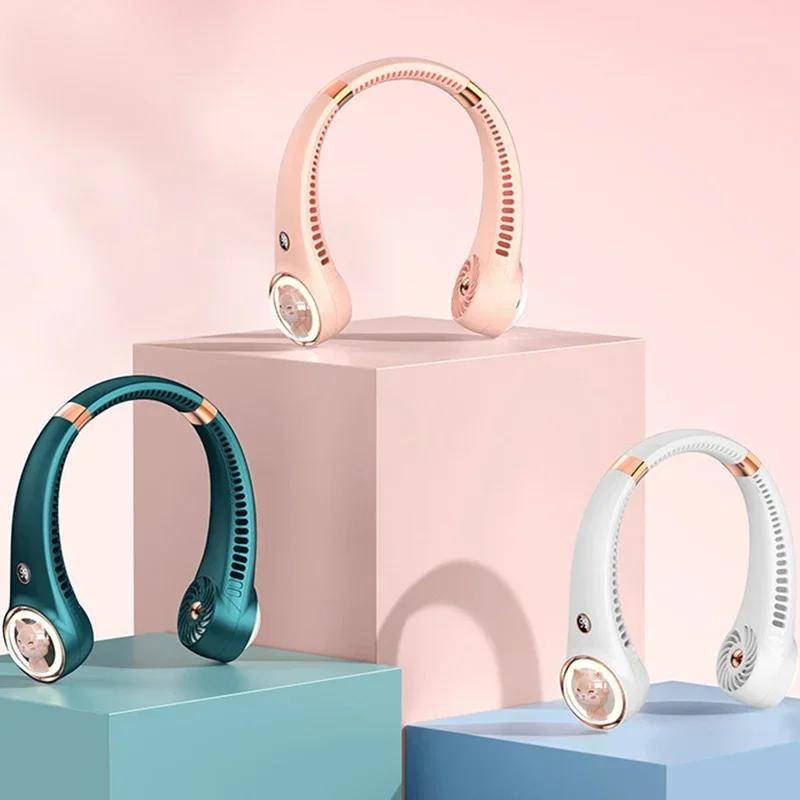 

2000mAh Hanging Neck Fan Portable Mini Air Cooler Digital Display Bladeless Neckband Mini Cute Cat Fan USB Electric Sport Fan