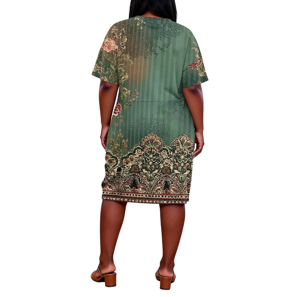 Summer Plus Size V Neck Short Sleeve Knee Pocket Print Casual Dress For Women