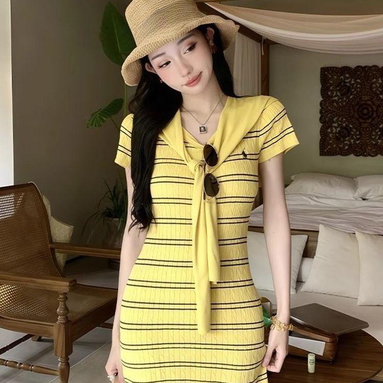 

Чистое чувственное и сексуальное вязаное платье с коротким рукавом для женщин, летнее облегающее полосатое платье-мини one size жёлтый