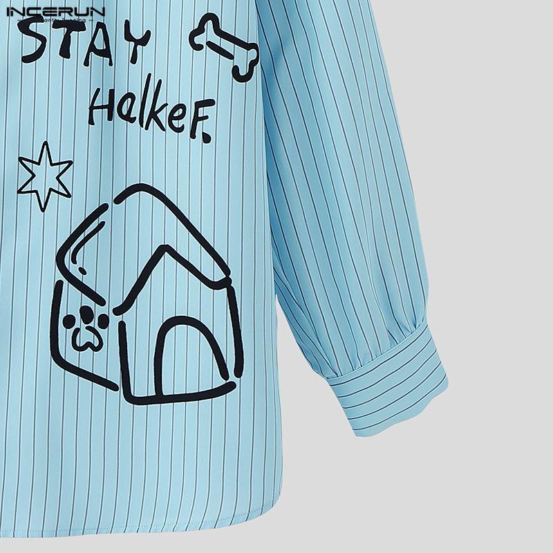 INCERUN S-5XL Men Lapel Neck Long Sleeve Cute Print Casual Loose Oversized Tops Shirts