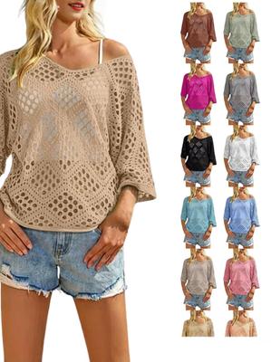 Damen Trendiger Lässiger Atmungsaktiver Hohlstrickpullover - Kurzarm, Schnelltrocknend, Bequemer Sommer-Überwurf