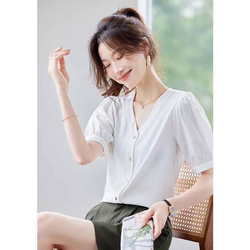 Tenuoman Women's Summer V-Neck Short Sleeve Chiffon Blouse