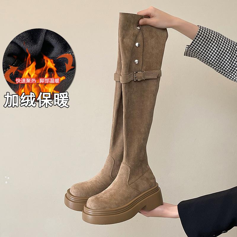 Round head thick-soled boots children's spring and summer 2025 high-heeled sleeve thick heel knee knight boots fashion versatile